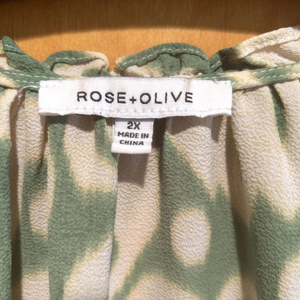 Rose and Olive 2X Green Print Blouse-Ruffle Sleeve-Tassel Tie-Boho-Peasant-Artsy - Picture 4 of 8